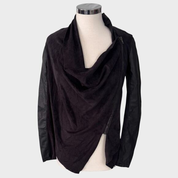 Blank NYC Mixed Media Drape Front Jacket Small Black Sued Faux Leather - Picture 2 of 9